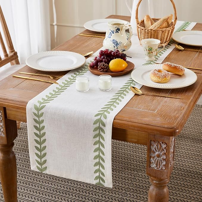Embroidered Table Runner, Light Green Table Runners 90 Inches Long | Linen - Image 3