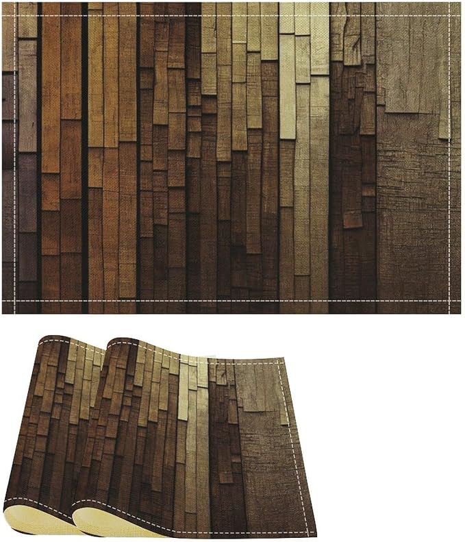 Retro Plank Placemat Set, Rural Old Shabby Brown Beige Farmhouse Barn Wooden Board Pattern Home Decor Linen Table Mats for Dining Room Kitchen Party(17x12in) x2P