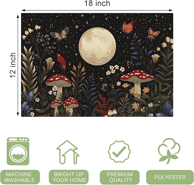 Mushroom Botanical Placemats Set of 6, Mushroom Plants Leaves Butterfly Place Mats, Moon Waterproof Washable Table Mats for Home Party Indoor Kitchen Dining Table Decoration 12x18 Inch