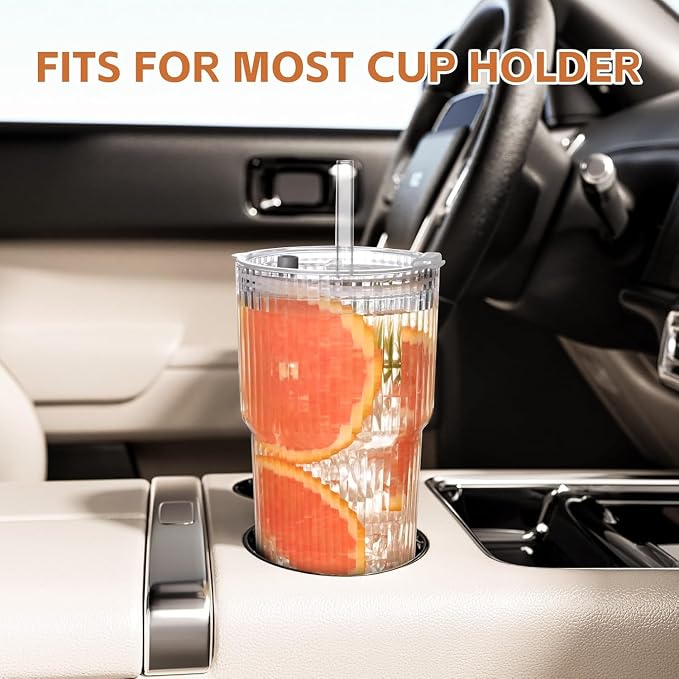 20oz Ribbed Glass Cups with Lids and Straws, Glass Tumblers with Lids and Straws - Image 8