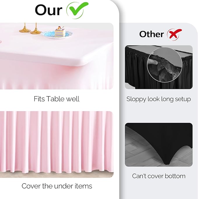 Wish Care 6 Pack Pink Spandex Table Clothes for 6 Foot Rectangle Tables, 6FT Wrinkle Free Fitted Tablecloths Ruffles Design Table Cover for Party, Banquet, Wedding and Events