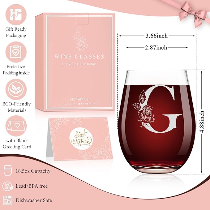 Valentines Day Gifts for Her, Gifts for Women Her Friend Mom Grandma Wife Sister Bridesmaid Nurse, Birthday Galentines Mothers Day Christmas, Personalized Initial Customized Wine Glasses 18OZ(G)
