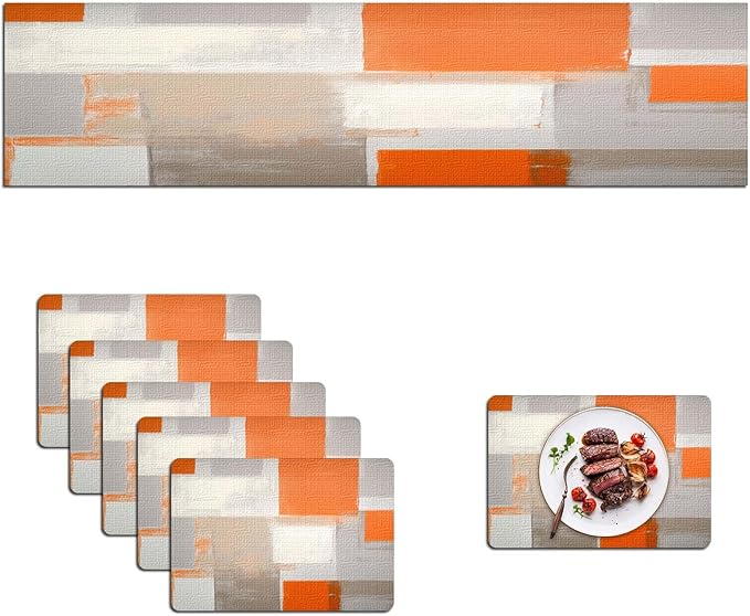 Mcalk Orange Table Runner and Placemats Set of 6, Abstract Brown Placemats, Modern Cloth Place Mats Indoor for Kitchen,Washable Linen Material for Dining Table