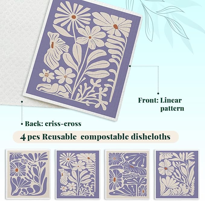 Spring Flower Swedish Dishcloths for Kitchen, Boho Purple Swedish Dish Cleaning Cloths for Floral, 4 Pack Dish Towels for Kitchen, Papaya Reusable Paper Towels Washable