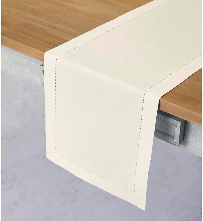 Solino Home Cotton Linen Dining Table Runner Ivory Hemstitch, 14 x 108 in | - Image 2