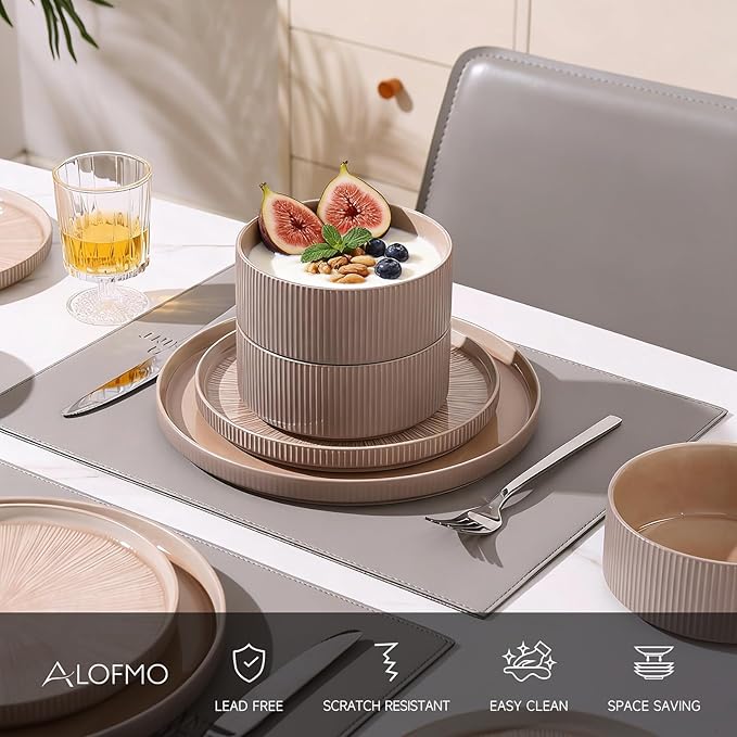 Dinnerware Sets for 4, Ceramic Plates and Bowls Set 12 Piece Dinnerware Chip Resistant Stoneware, Dishwasher and Microwave Safe-Brown