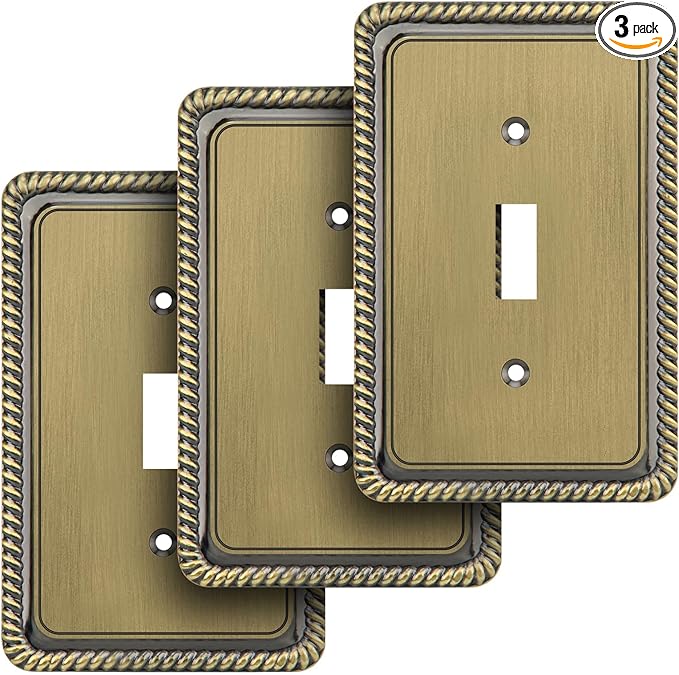 Henne Bery Rope Edge Decorative Wall Plate Switch Plate Outlet Cover (Single Toggle, 3 Pack, Antique Brass)