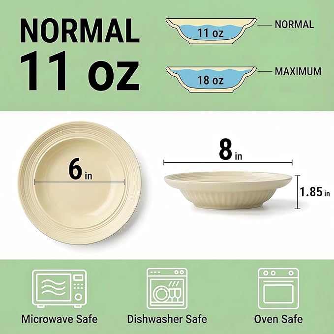 Wide Rim Soup Bowls, 11oz Small Capacity Rimmed Pasta Bowls Set of 4, 8 Inch Ceramic Salad Bowl, Shallow Plates, Elegant Dinner Cereal Serving - Microwave Dishwasher Oven Safe - Beige