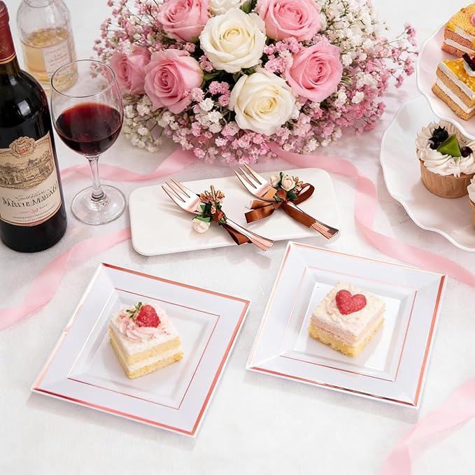 WDF 86pcs Rose Gold Dessert Plates 6" with 86 Pieces Disposable Forks 5", Elegant Square Appetizer Small Plastic Plates for Mother's Day, Wedding