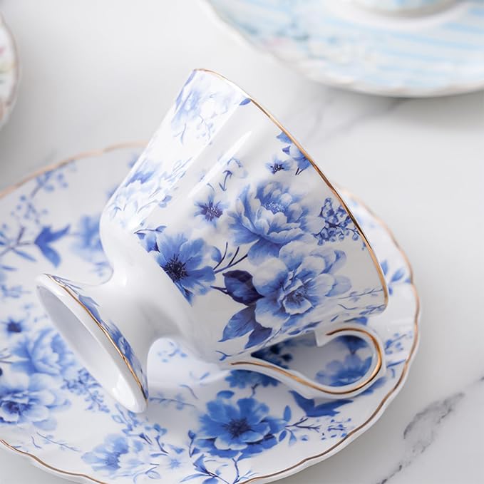 fanquare 5oz Retro Blue and White Roses Tea Cup and Saucer | Vintage Floral - Image 4
