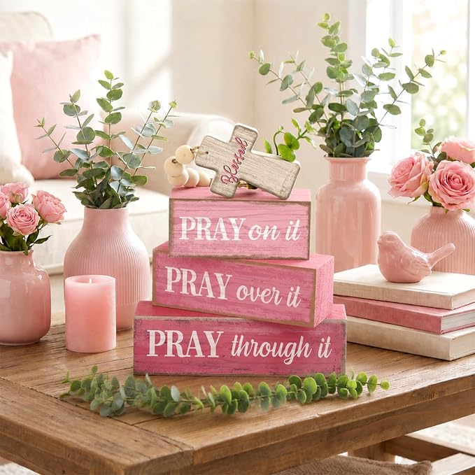 Moucuny 4 Pcs Pink Christian Table Decor Cross Wooden Bible Verse Sign - Image 2