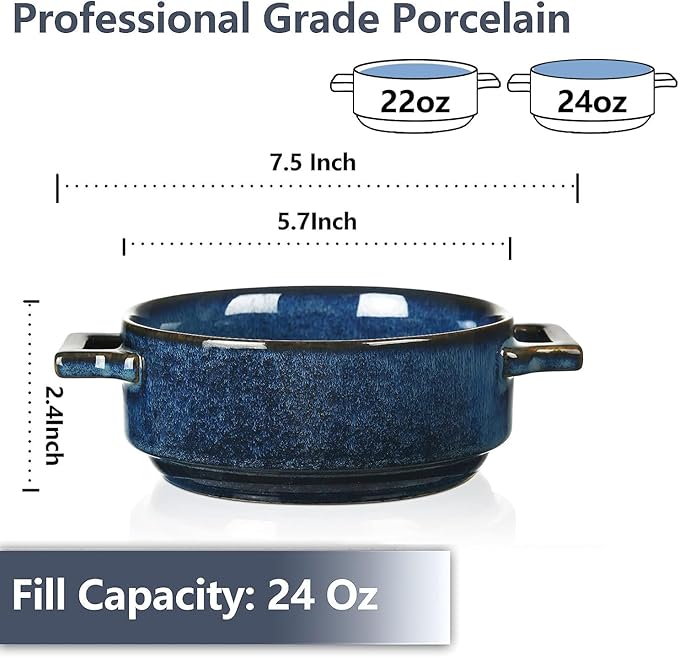 vicrays Ceramic Soup Bowls with Handles, 24 Oz Porcelain Soup Crocks for French Onion Soup, Cereal, Beef Stew, Chill, Pasta, Pot Pies, Microwave and Oven Safe, Set of 4 (Blue)