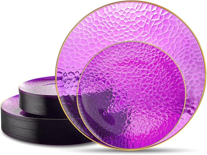 Hioasis 60pcs Purple Plastic Plates - Gold Rimmed Disposable, Hammered, Heavy-duty Dinnerware Set Suitable for 30 Guests, 10.25" Dinner & 7.5" Dessert Plates for Party & Wedding
