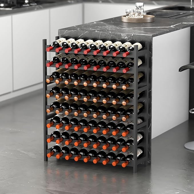 Wine Rack Freestanding Floor, Bamboo 8-Tier 69 Wine Bottle Holder Racks Countertop Cabinet Display, Wooden Stackable Modular Wine Storage Organizer Shelves for Kitchen Bar Cellar Dining Room Black