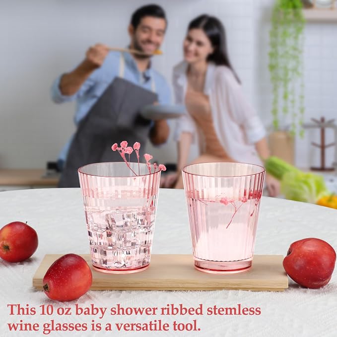 12 PCS Plastic Ribbed Drinking Glasses Pink 10oz Vintage Ripple Stemless Wine - Image 5