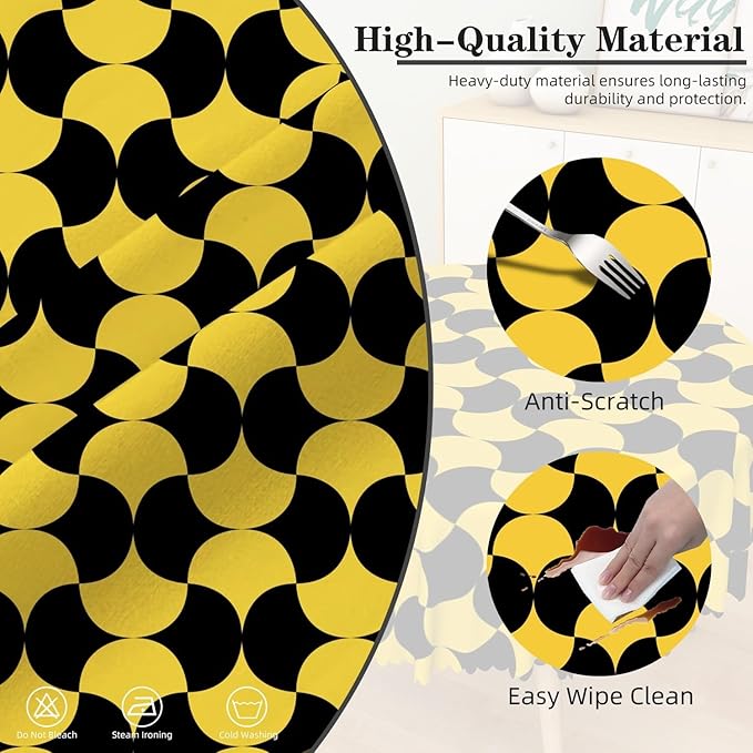 Laeacco 24 Inch Geometric Round Tablecloth Black and Gold Abstract Pattern Modern Art Print Table Cloth Washable Waterproof Wrinkle Free Table Cover for Kitchen Dining Picnic Party Decoration