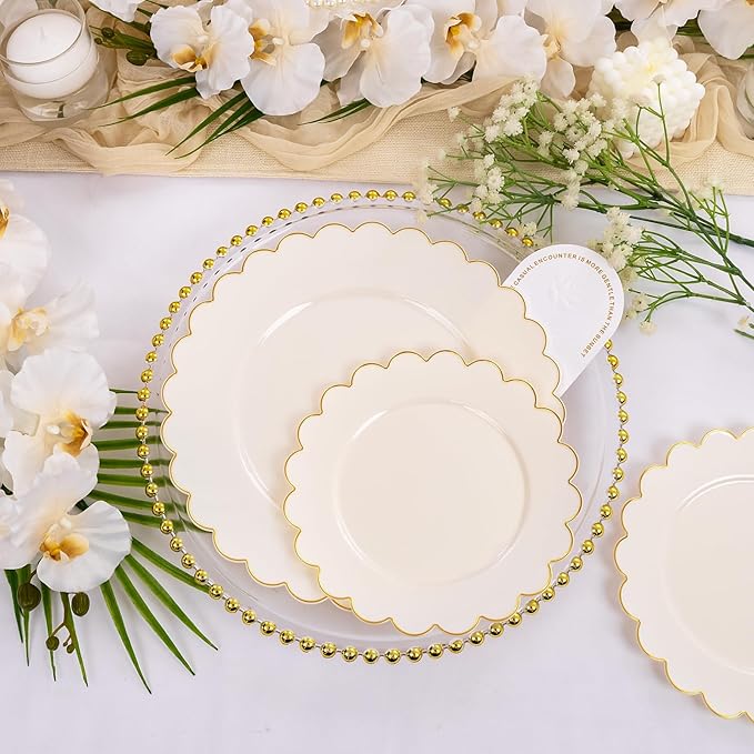 LIYH 60 Pcs Ivory and Gold Scalloped Plastic Plates - Disposable Fancy Combo Plates Includes 30 Dinner Plate 10.25" and 30 Dessert Plate 7.5" Plastic Heavy Weight Party Tableware Dishes