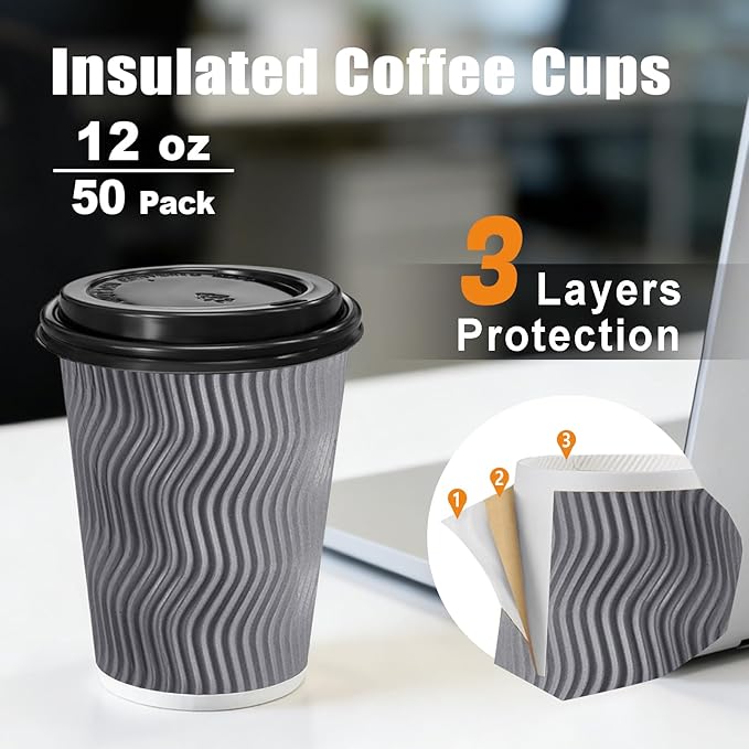 50 Pack 12 oz Coffee Cups with Lids, Disposable Insulated Hot Cups To Go Paper Coffee Cups, Corrugated Ripple Wall Cup for Hot Drink, Office, Coffee Bar (Grey 12 oz)