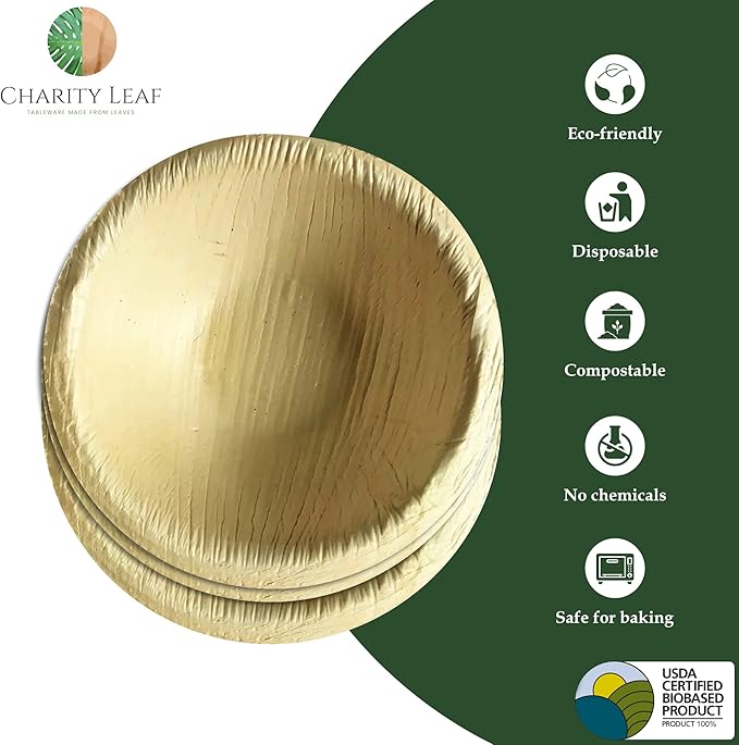 Charity Leaf Disposable Palm Leaf 2.5" Round Mini Bowl (25 pcs) Dipping Bowls | Bamboo Like| All Natural and Biodegradable | Charcuterie Boards, BBQs, and Parties