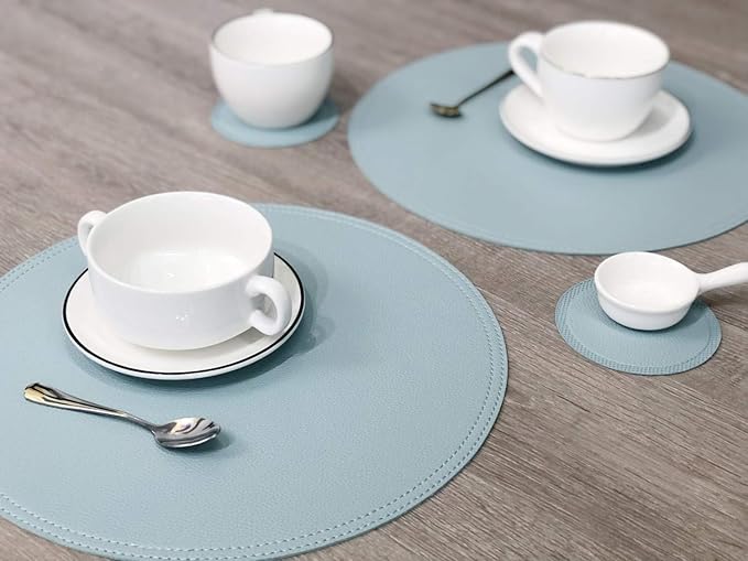 Set of 6 Faux Leather Round Placemats and Coasters, Coffee Mats Kitchen Table Mats, Waterproof, Easy to Clean for Kitchen Dining Round Table