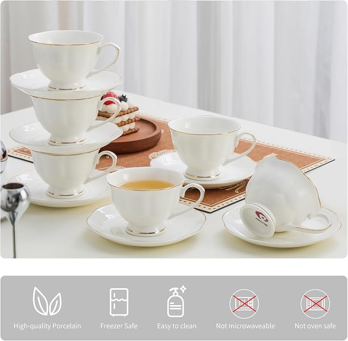 6oz Porcelain Tea Cup & Saucer Set of 6, Party | Elegant white ceramic - Image 3