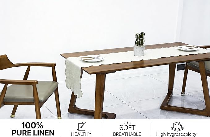 100% Natural Linen Rustic Scalloped Embroidery Table Runner 90 Inches Long - Image 2