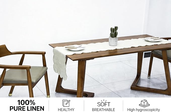 100% Natural Linen Rustic Scalloped Embroidery Table Runner 72 Inches Long - Image 2