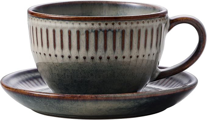 10Oz ceramic coffee cup and saucer sets, elegant striped pattern, unique kiln by Leijosya