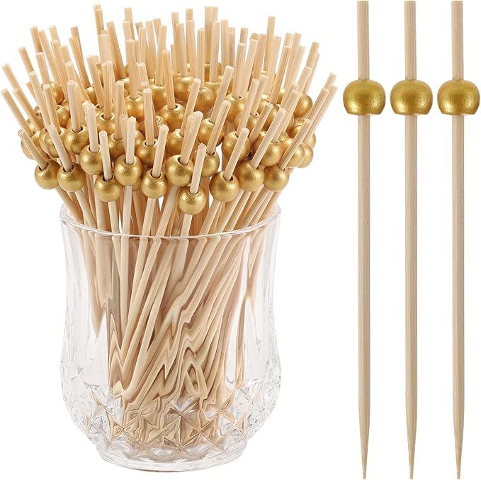 600 Pcs Cocktail Picks, 12 cm Toothpicks for Appetizers, Bamboo Cocktail Sticks Skewers for Drinks, Desserts, Charcuterie, Wedding Party Fancy Toothpicks, Gold Pearl Mini Food Picks Decorative