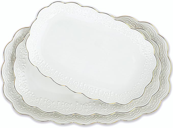 Kassel Ceramic Serving Platter Set | 14”/12”/10” Oval Serving Trays for Entertaining at Parties and Weddings | Oven Safe Large Serving Trays for Tacos, Steak and Cake
