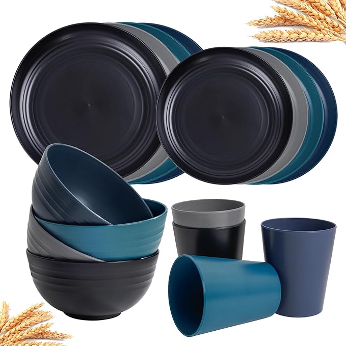 Rubtlamp 16Pcs Plastic Wheat Straw Dinnerware Set, Reusable Plastic Dishes Set by Rubtlamp