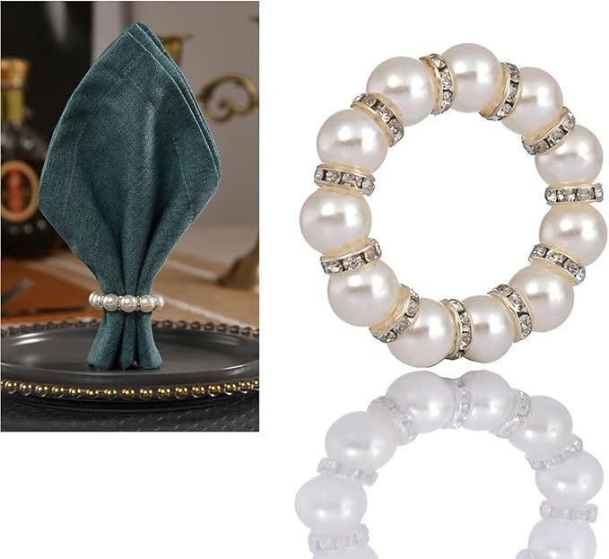 Decorative Napkin Rings Set of 6,Holders Decor Dinner Party,Wedding,Anniversary,Birthday,Table Decor Gift (Round Pearl)