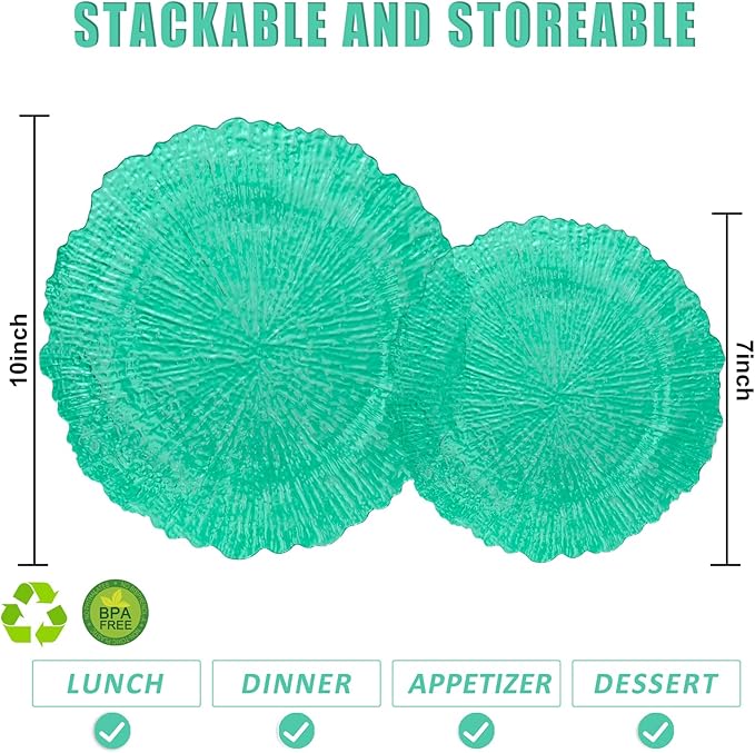 U-QE 60PCS Green Plastic Plates - Clear Plastic Plates Disposable Heavy Duty - Green Disposable Plates Include 30PCS 10inch & 30PCS 7inch for Party&Wedding