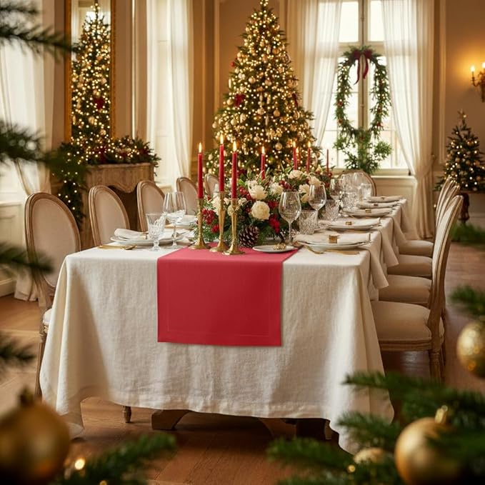 D'Moksha Homes Linen Bright Red Table Runner 108 Inches Long - 100% Pure Linen Dining Table Runner 14 x 108 Inch for Valentines, Spring, Easter - Machine Washable