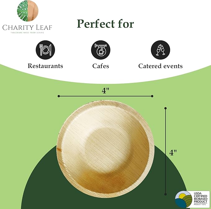 Charity Leaf Disposable Palm Leaf 4" Round Bowl (1000 pcs) Dipping Bowls | Bamboo Like| All Natural and Biodegradable | Charcuterie Boards, BBQs, and Parties