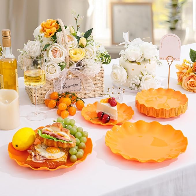 LIYH 50 Pcs Orange Scalloped Plastic Plates Heavy Duty Plates Reusable Unbreakable Plastic Plate for Party,Dishwasher Safe BPA Free (25Guests)