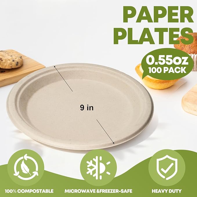 W&Y 100 Pack 9 Inch Paper Plates, Heavy-Duty Dinner Plates, Cut Resistant & 100% Compostable Disposable Paper Plate,Leak Proof & Microwave Safe for Parties, Weddings, Catering Events