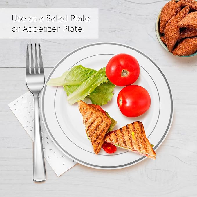 Stylish 7.5 Inch Silver Cake Plates with Disposable Forks and Cocktail Napkins (100 Set) - Small Appetizer Plates - Silver Plastic Dessert Plates - Plastic Cake Plates for Wedding Reception