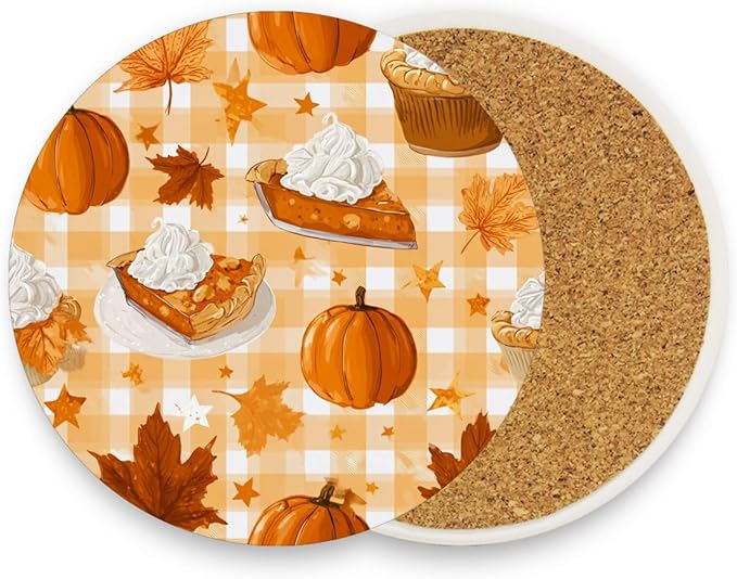 Coasters for Drinks Coaster Drink Set Decorative Coffee Table Desk Cup Mat Spring Cute Cork Bar Backing Round Home Decor Thanksgiving Pumpkin Cakes Yellow36