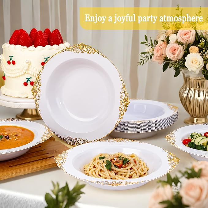 100PCS Gold Plastic Bowls - 12 oz White Disposable Salad Bowls - Heavy Duty Soup Serving Bowl - Fancy Plastic Ice Cream Bowl for Parties, Dinners, Catering, Picnics