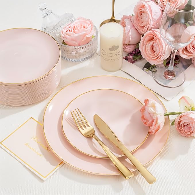 PULOTE 200Pieces Pink Plastic Plates - Premium Hard Pink and Gold Disposable - Include 100PCS 10 inch Dinner & 100PCS 7 inch Dessert Plates, Ideal for Wedding, Party & Valentines Day