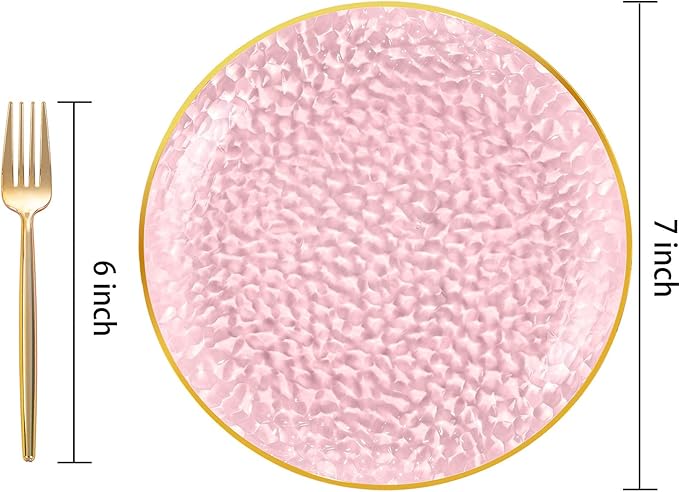 DaYammi 240Pcs Pink Plastic Plates Including 120Pcs Pink Dessert Plates and 120Pcs Gold Plastic Forks,Hammered Party Plate,pink and Gold Appetizer plates Heavy duty Disposable Cake Plate for Party