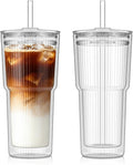 KEMORELA Iced Coffee Cups with Lids 20oz Ribbed Double Wall Glass Cups with by KEMORELA