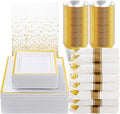 Goodluck 352 Piece Gold Dinnerware Set for 50 Guests, Thanksgiving Square Plastic Plates with Gold Trim, Include: 100 Plastic Plates, 50 Rolled Napkins, 50 Cups, 50 Cutlery Set and 2 Tablecloth