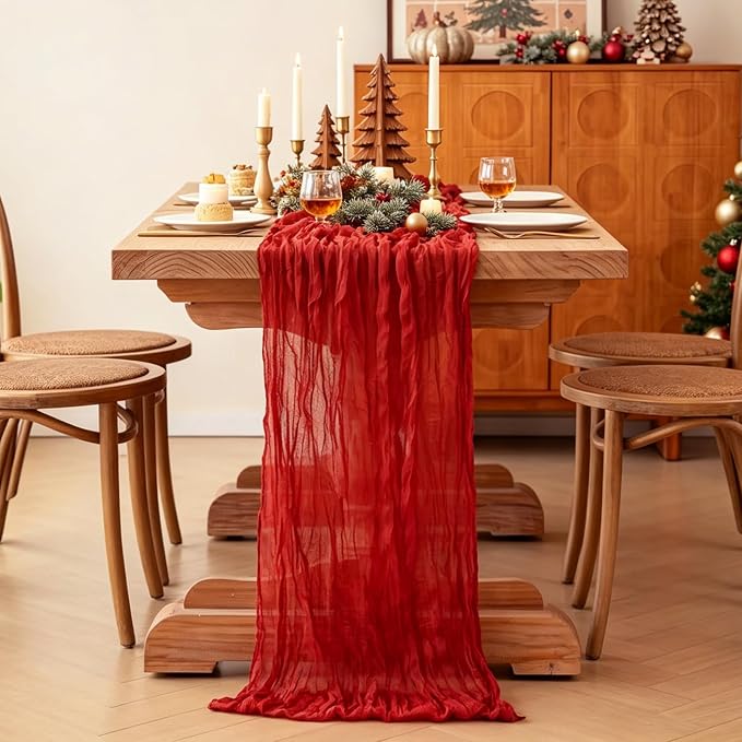 6Pcs Red Table Runner, 10FT Rustic Gauze Red Table Runner 35*120inch Boho Table - Image 5