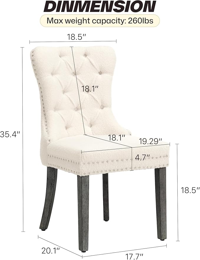 KCC Boucle Dining Chairs Set of 4, Upholstered High-end Tufted Dining Room Chair with Nailhead Back Ring Pull Trim Solid Wood Legs, Contemporary Nikki Collection Modern Style for Kitchen, Cream