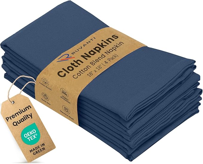 Ruvanti Cloth Napkins Set of 4, 18x18 Inches Napkins Cloth Washable, Soft, Durable, Absorbent, Cotton Blend. Table Dinner Napkins Cloth for Hotel, Lunch, Restaurant, Wedding Parties - Ocean Blue