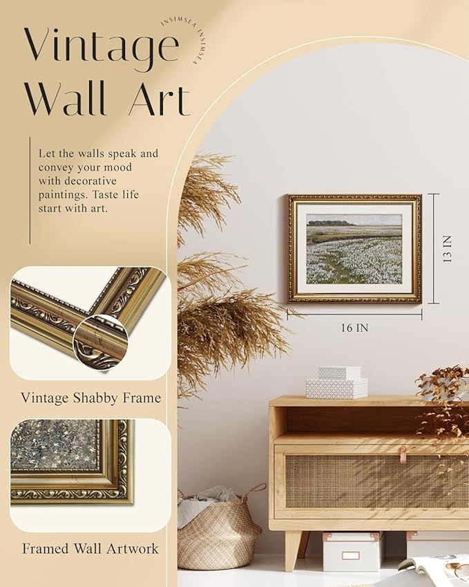 InSimSea Retro Gold Framed Wall Art, Home Room White Flowers Grassland Vintage Wall Decor, Canvas Print Artwork, Farmhouse Country Decor, Antique Picture Frame Floral Paintings, 13x16 Inch