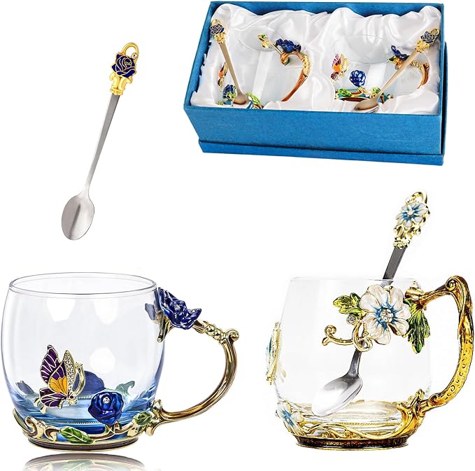 Tea Cup Glass Coffee Mugs, Fancy Tea Cup Set Birthday Christmas Valentine's Day by DUMVOIN