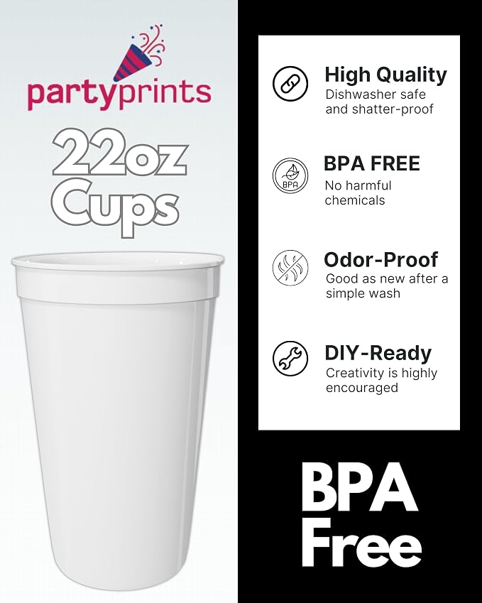 PartyPrints 100 Pack 22 oz White Reusable Blank Plastic Cups, Colored Plastic - Image 2